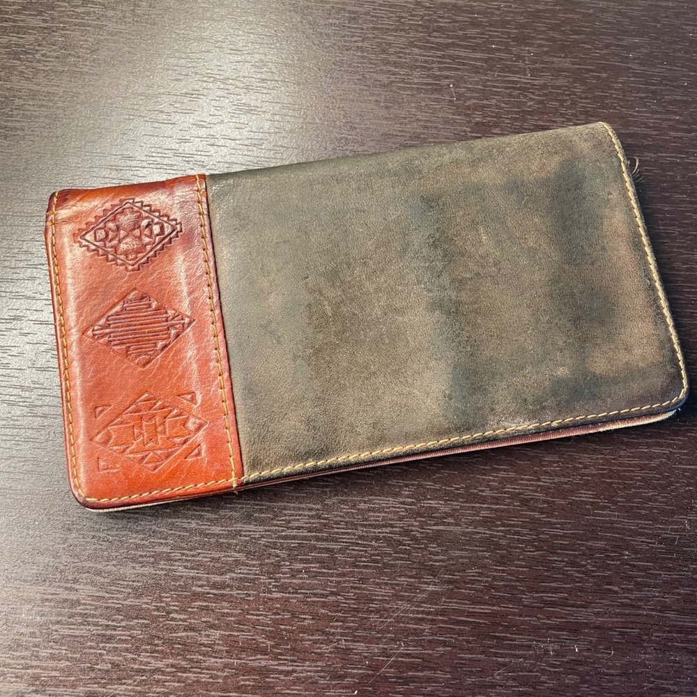 vintage leather wallet checkbook holder Bi-Color Embossed southwestern design